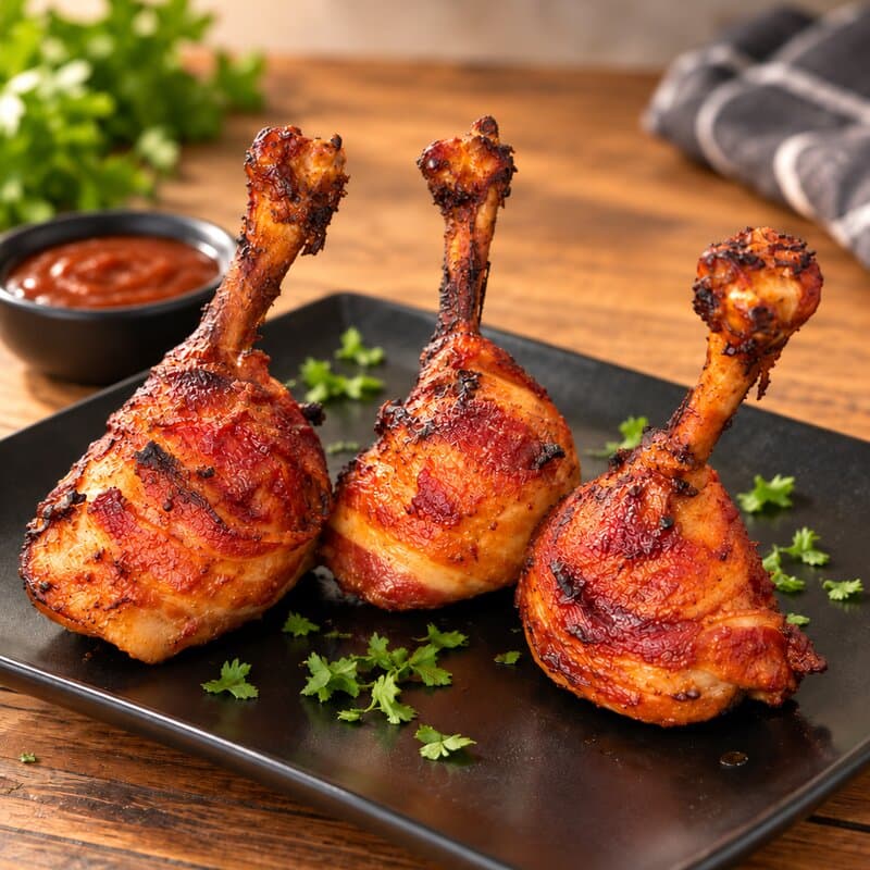 Kateryna Catering Fingerfood – knusprig gegrillte Hähnchenschenkel mit Petersilie und BBQ-Dip