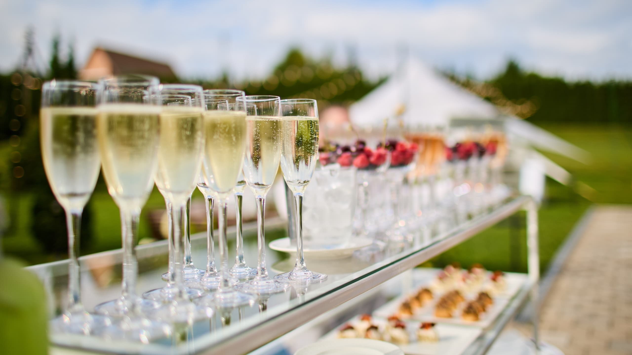 Sektempfang im Freien – Sektgläser und Fingerfood auf einer Glasbar von Kateryna Catering